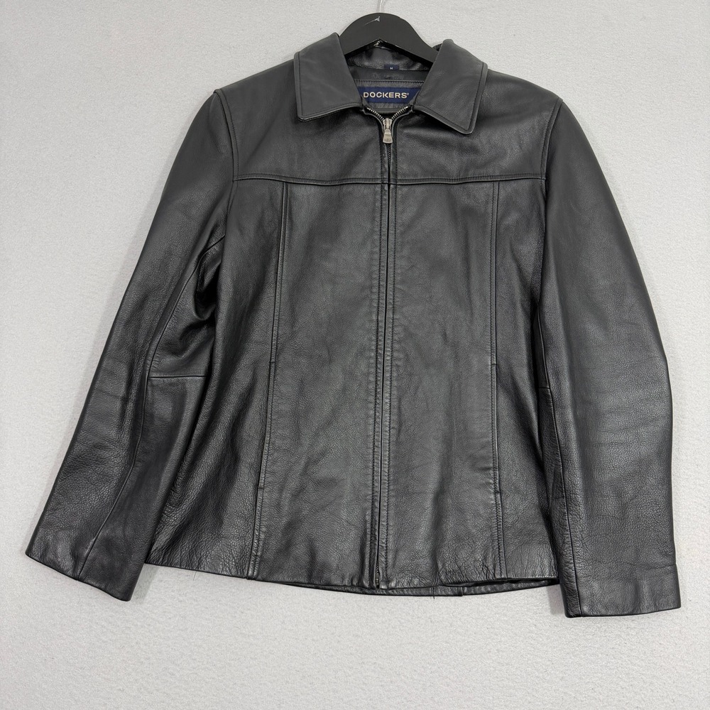 Dockers Leather Jacket Womens Medium Black Full Zip Cow Leather Collared Classic